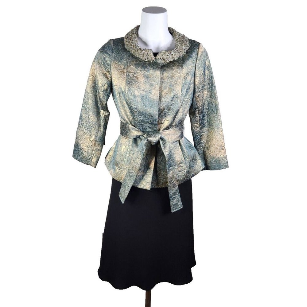 Vintage Teri Jon RARE Blue Belted Formal Jacket Cluster Beaded Collar Lined Sz 6